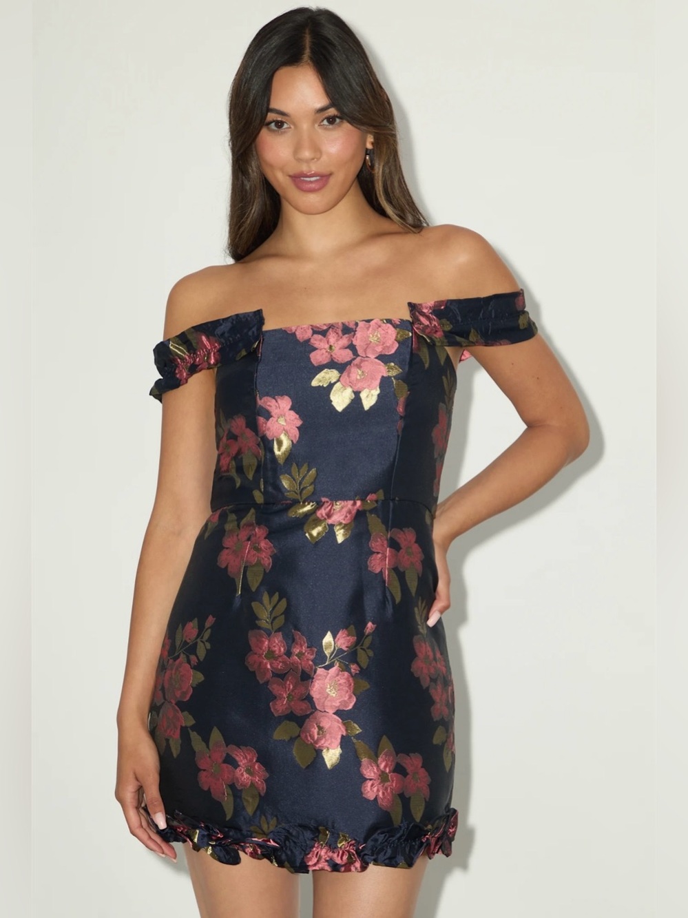 NWT Lulus Pop the Bottle Navy Floral Jacquard Ruffled Mini Dress M